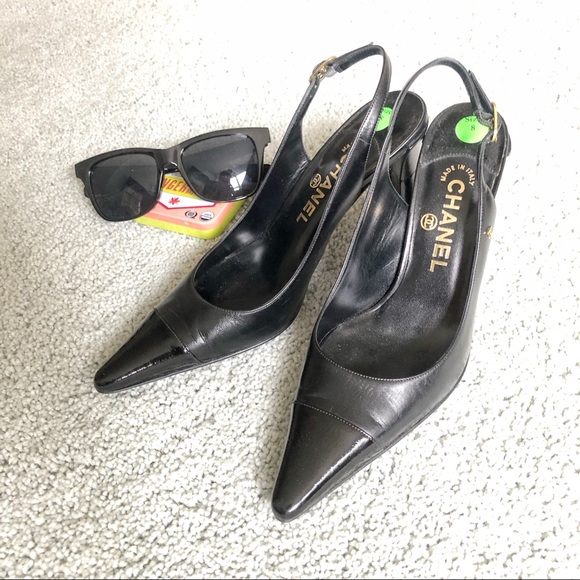 black pointed slingback heels